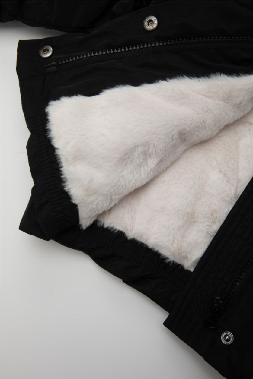 BABY GIRL Black Baby Girl Windproof Buttoned Faux Fur Lined Waterproof Jacket