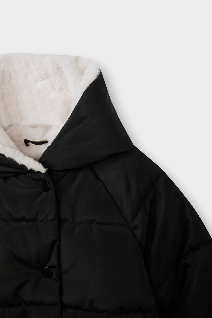 Kız Bebek Siyah Rüzgar Geçirmez Su İtici Kapüşonlu Suni Kürk Astarlı Çıtçıtlı Fermuarlı Şişme Mont Kız Bebek