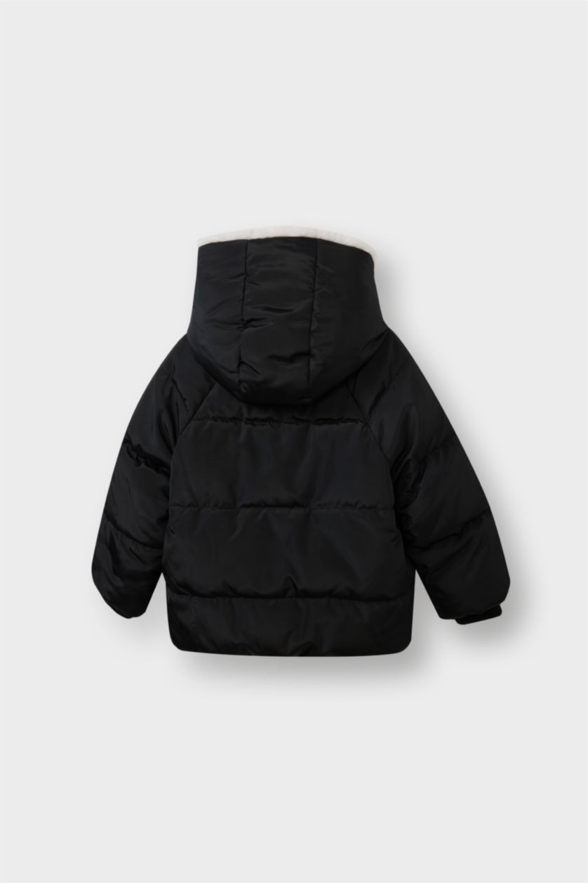 Kız Bebek Siyah Rüzgar Geçirmez Su İtici Kapüşonlu Suni Kürk Astarlı Çıtçıtlı Fermuarlı Şişme Mont Kız Bebek