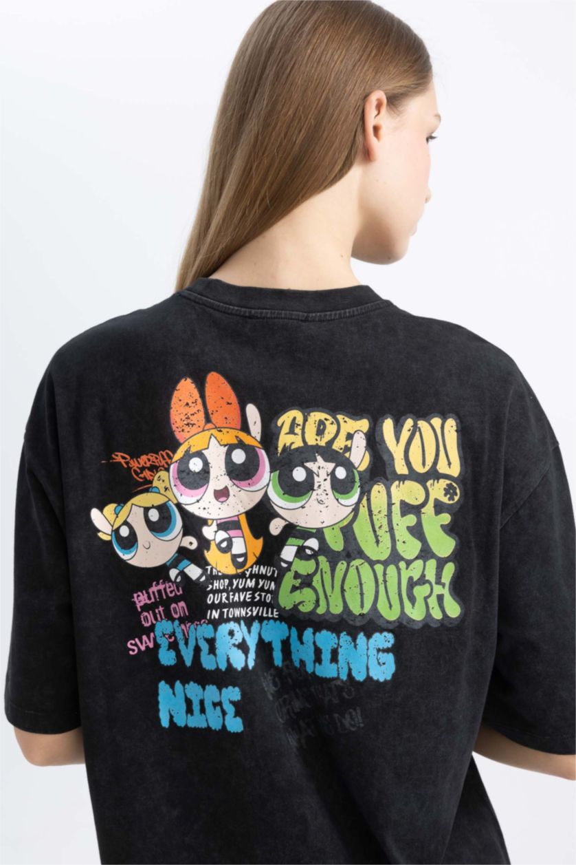 Kadın Siyah Coool PowerPuff Girls Oversize Geniş Kalıp Bisiklet Yaka Penye Mini Tişört Elbise