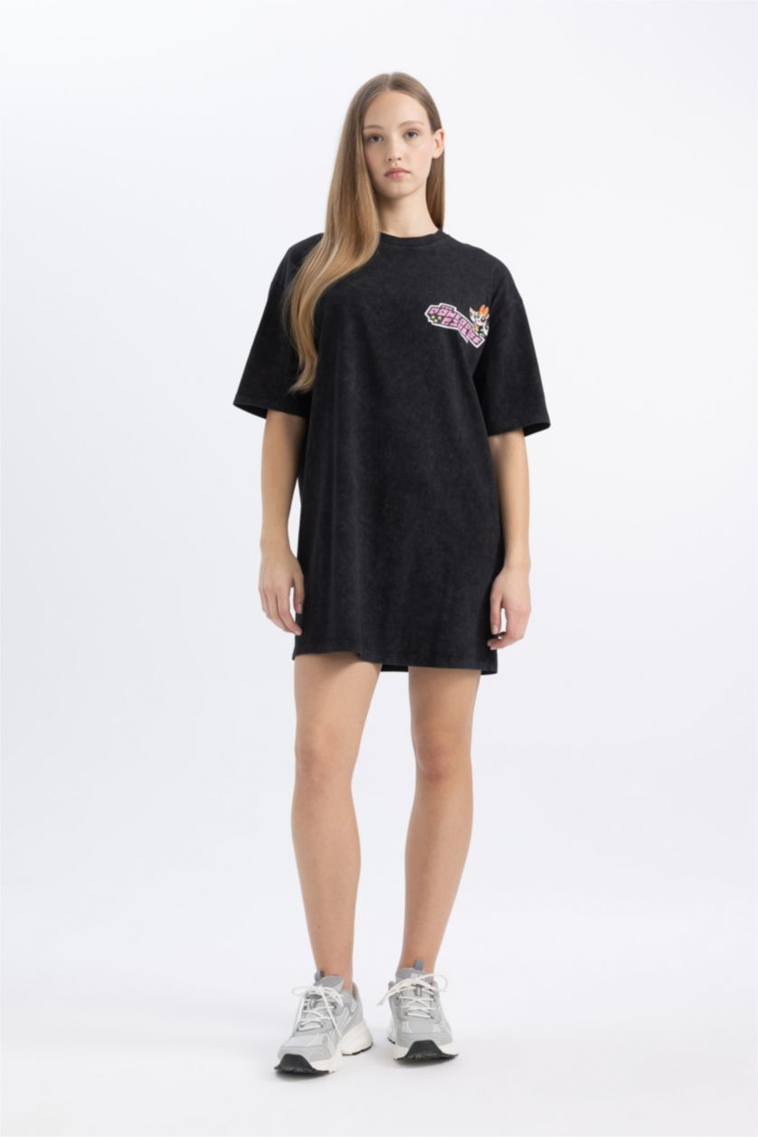 Kadın Siyah Coool PowerPuff Girls Oversize Geniş Kalıp Bisiklet Yaka Penye Mini Tişört Elbise