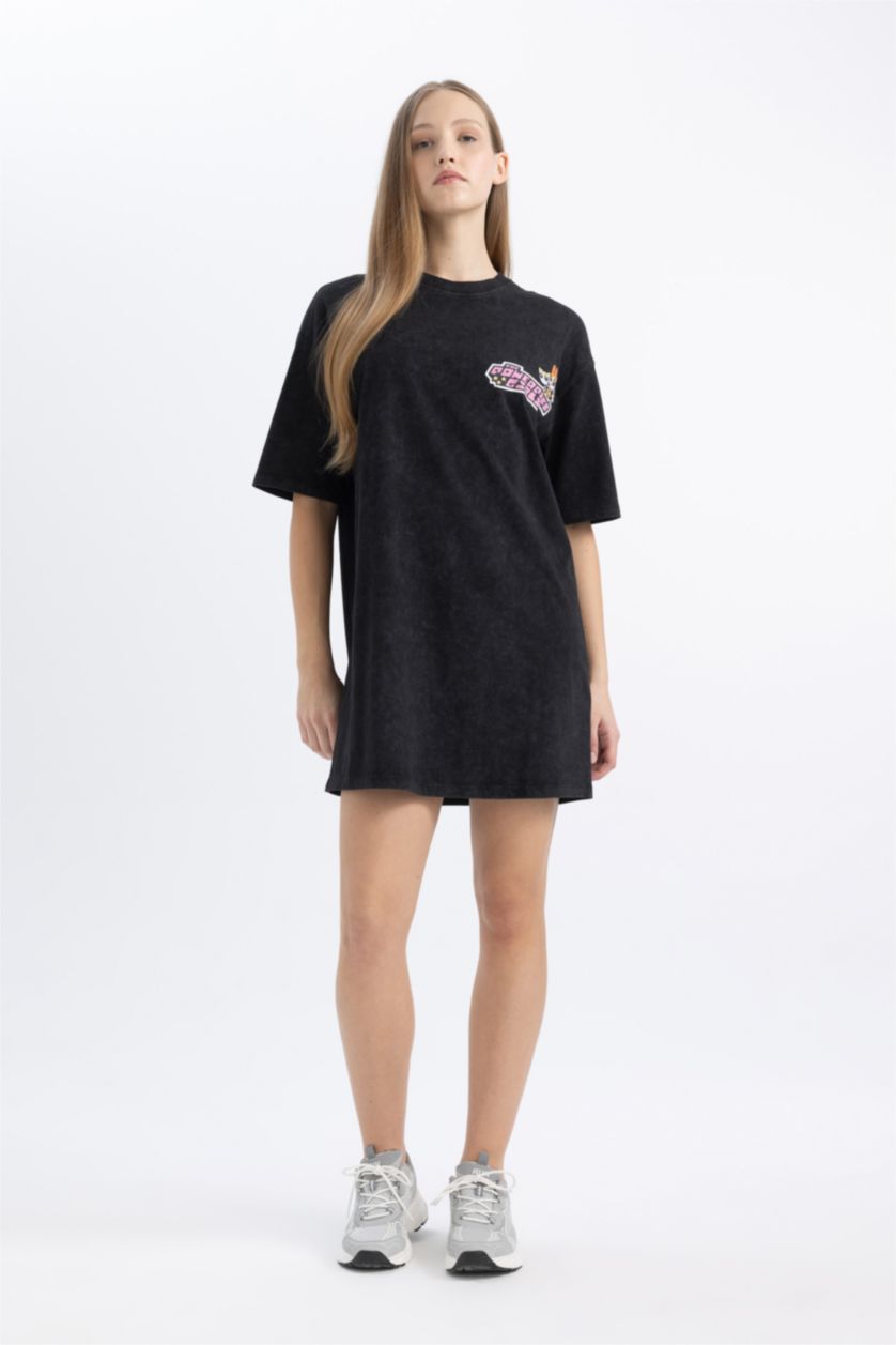 Kadın Siyah Coool PowerPuff Girls Oversize Geniş Kalıp Bisiklet Yaka Penye Mini Tişört Elbise