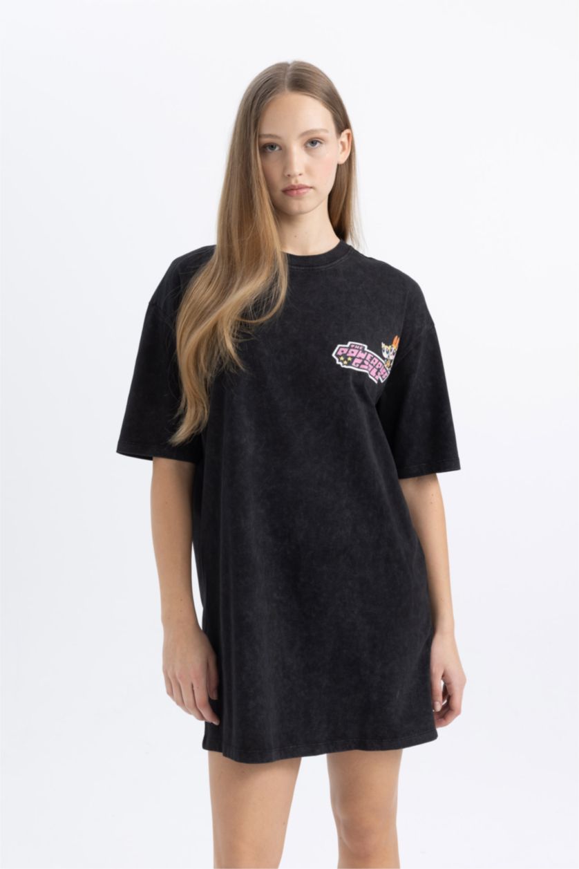Kadın Siyah Coool PowerPuff Girls Oversize Geniş Kalıp Bisiklet Yaka Penye Mini Tişört Elbise