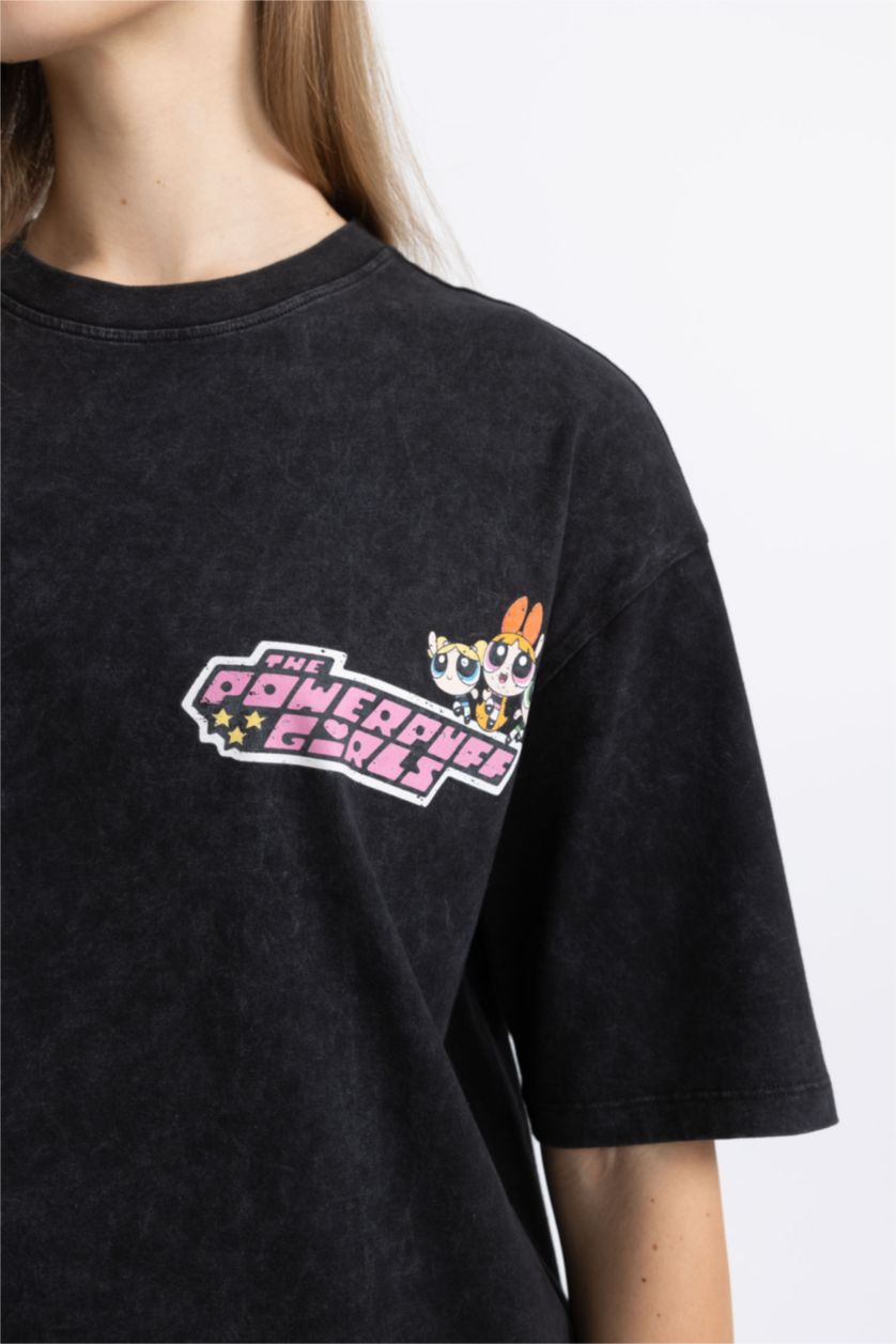 Kadın Siyah Coool PowerPuff Girls Oversize Geniş Kalıp Bisiklet Yaka Penye Mini Tişört Elbise