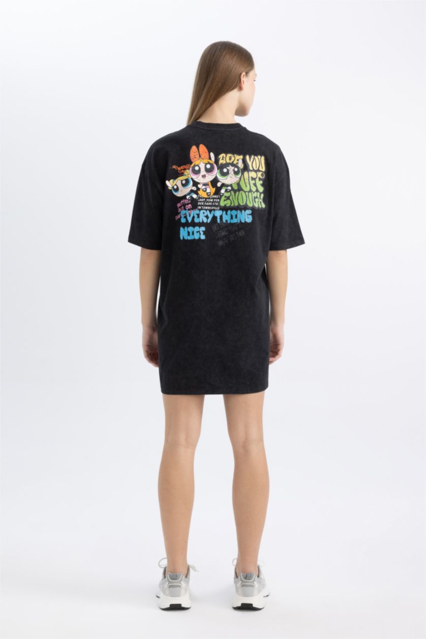 Kadın Siyah Coool PowerPuff Girls Oversize Geniş Kalıp Bisiklet Yaka Penye Mini Tişört Elbise