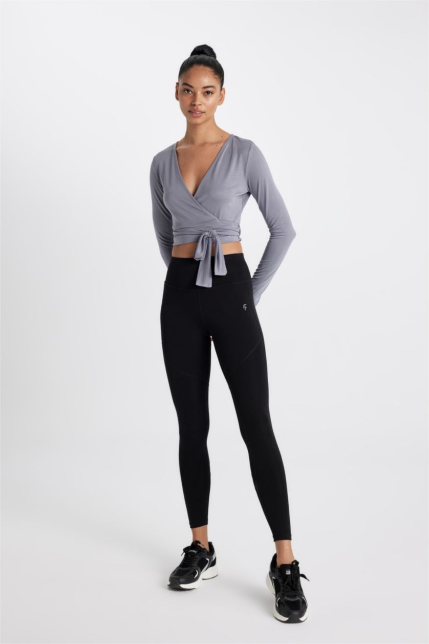 Woman Black DeFactoFit Waist Wrapping Heavy Fabric Sports Leggings