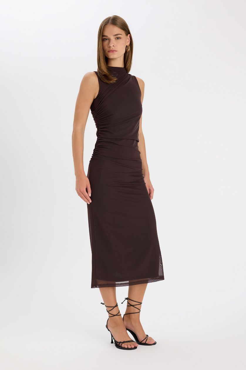 Woman Brown Half Turtleneck Tulle Sleeveless Maxi Dress
