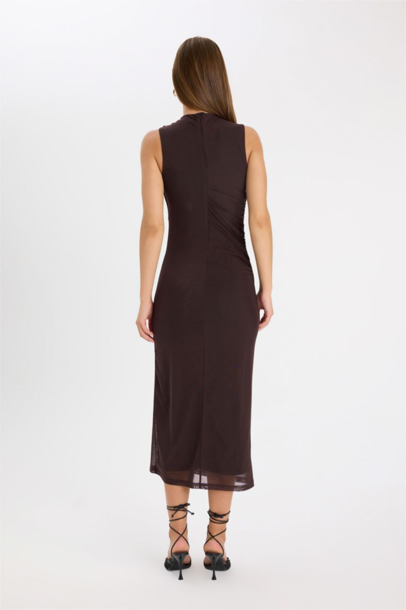 Woman Brown Half Turtleneck Tulle Sleeveless Maxi Dress