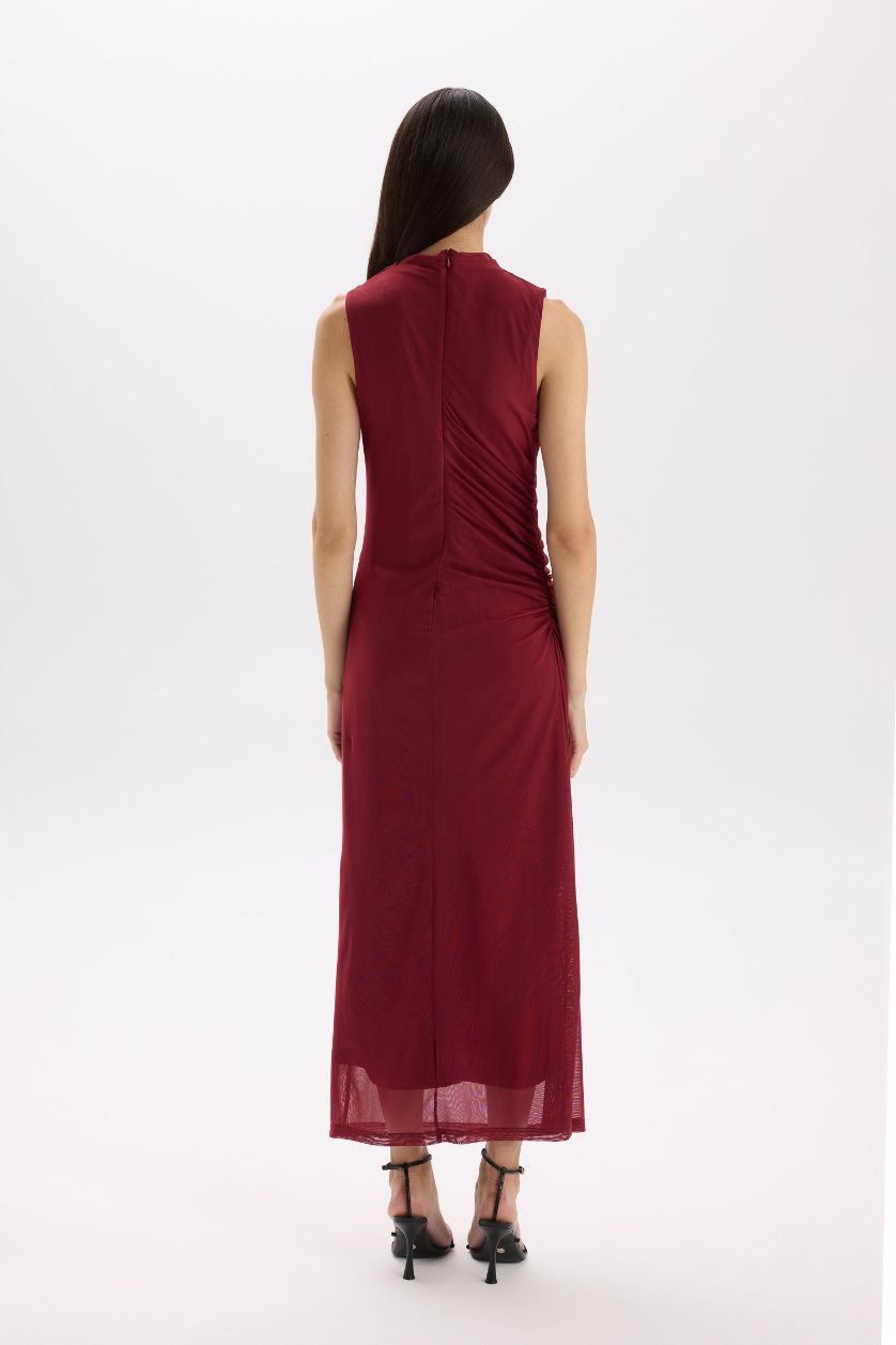 نساء خمري فستان نص كم طويل ميش بدون كم بياقة عالية