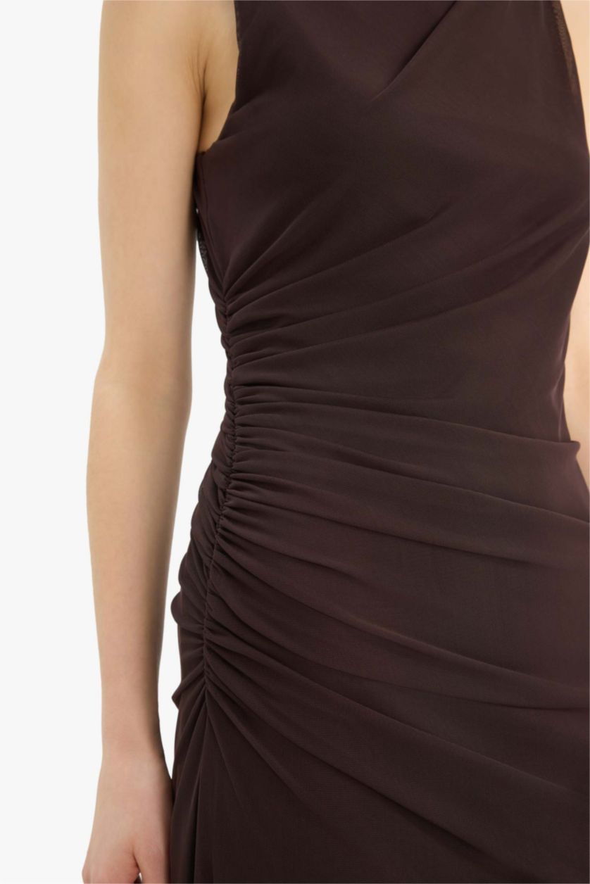 نساء بني فستان طويل تول بوديكون بياخة عالية بدون ردن