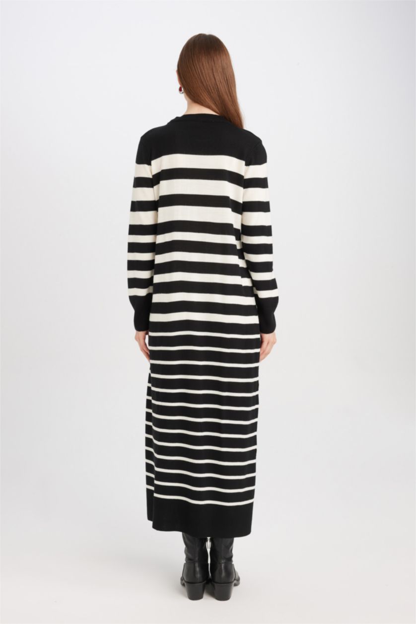 Kadın Siyah Regular Fit Çizgili Uzun Kollu Maxi Triko Elbise