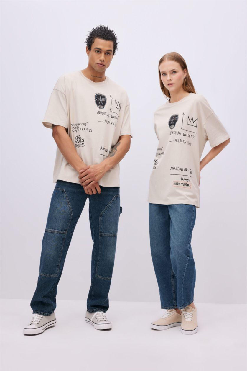 Kadın Bej Unisex Jean Michel Basquiat Oversize Geniş Kalıp Bisiklet Yaka Kısa Kollu Tişört