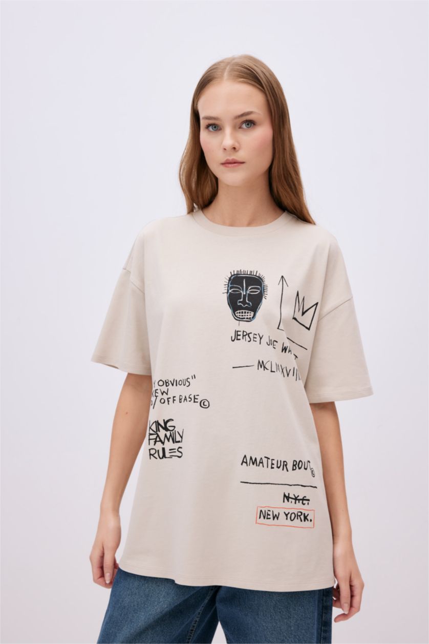 Kadın Bej Unisex Jean Michel Basquiat Oversize Geniş Kalıp Bisiklet Yaka Kısa Kollu Tişört