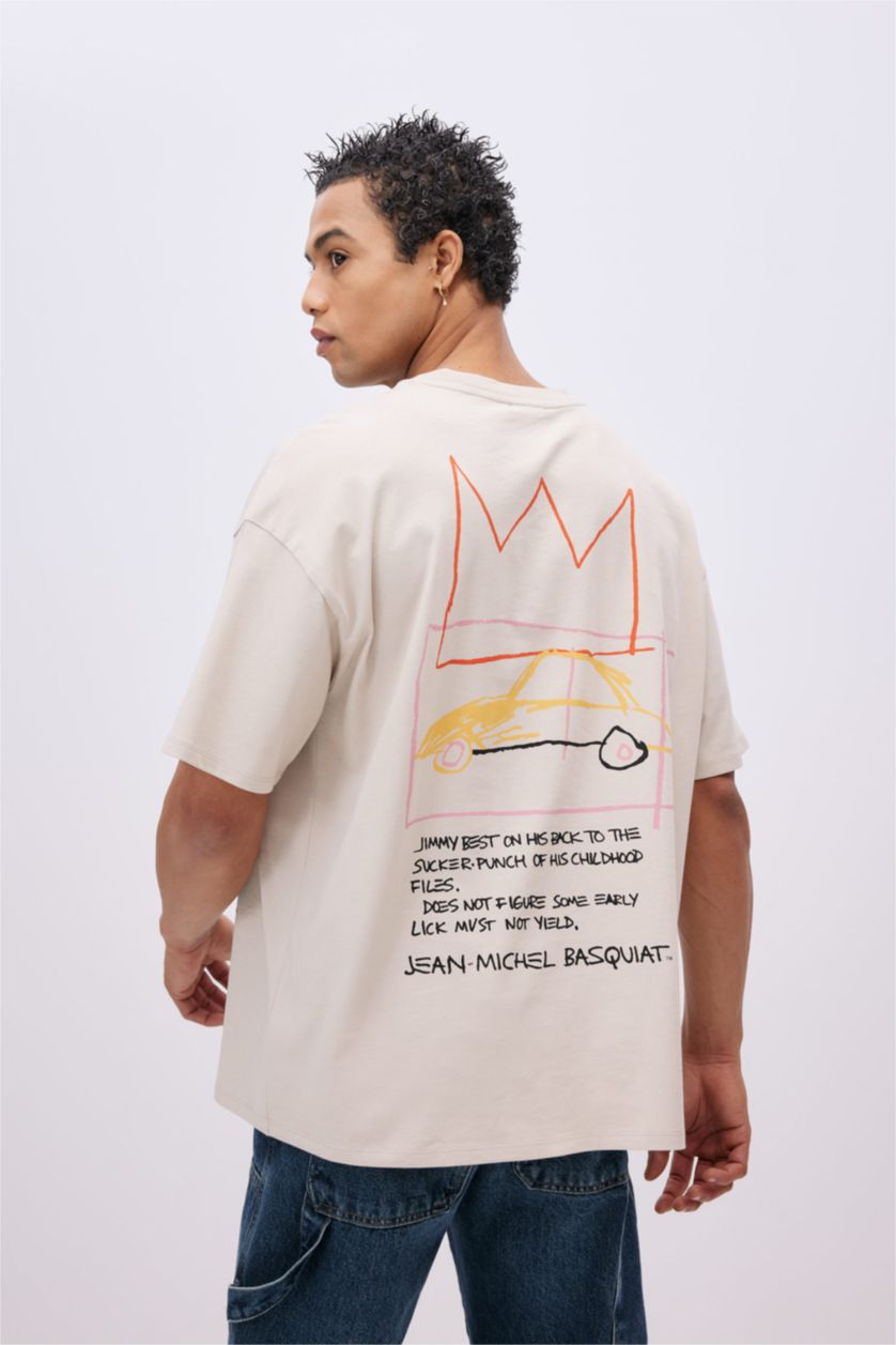 Kadın Bej Unisex Jean Michel Basquiat Oversize Geniş Kalıp Bisiklet Yaka Kısa Kollu Tişört