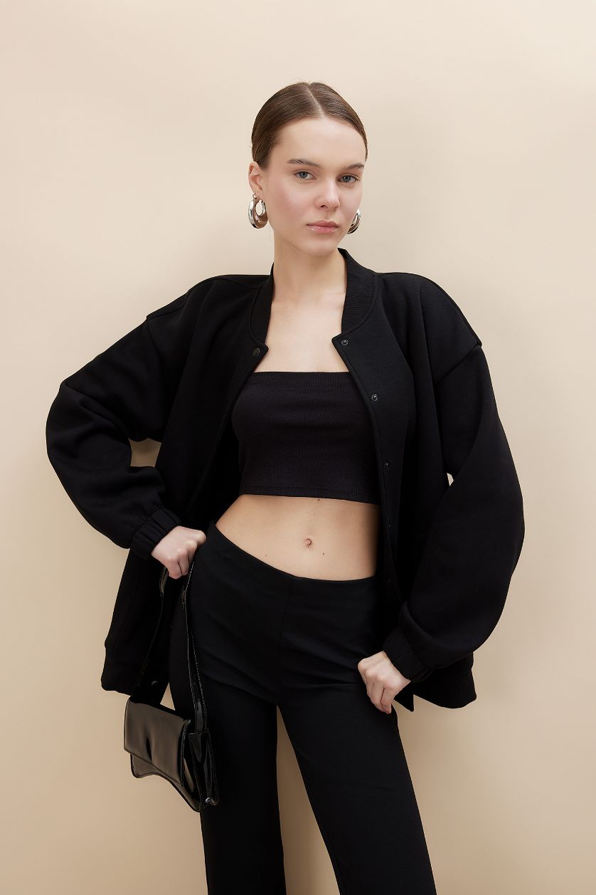 WOMAN Black College Collar Basic Thick Bomber Jacket