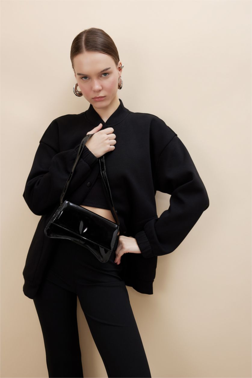 WOMAN Black College Collar Basic Thick Bomber Jacket