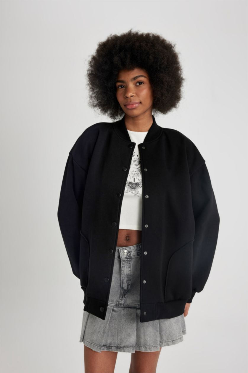 WOMAN Black College Collar Basic Thick Bomber Jacket