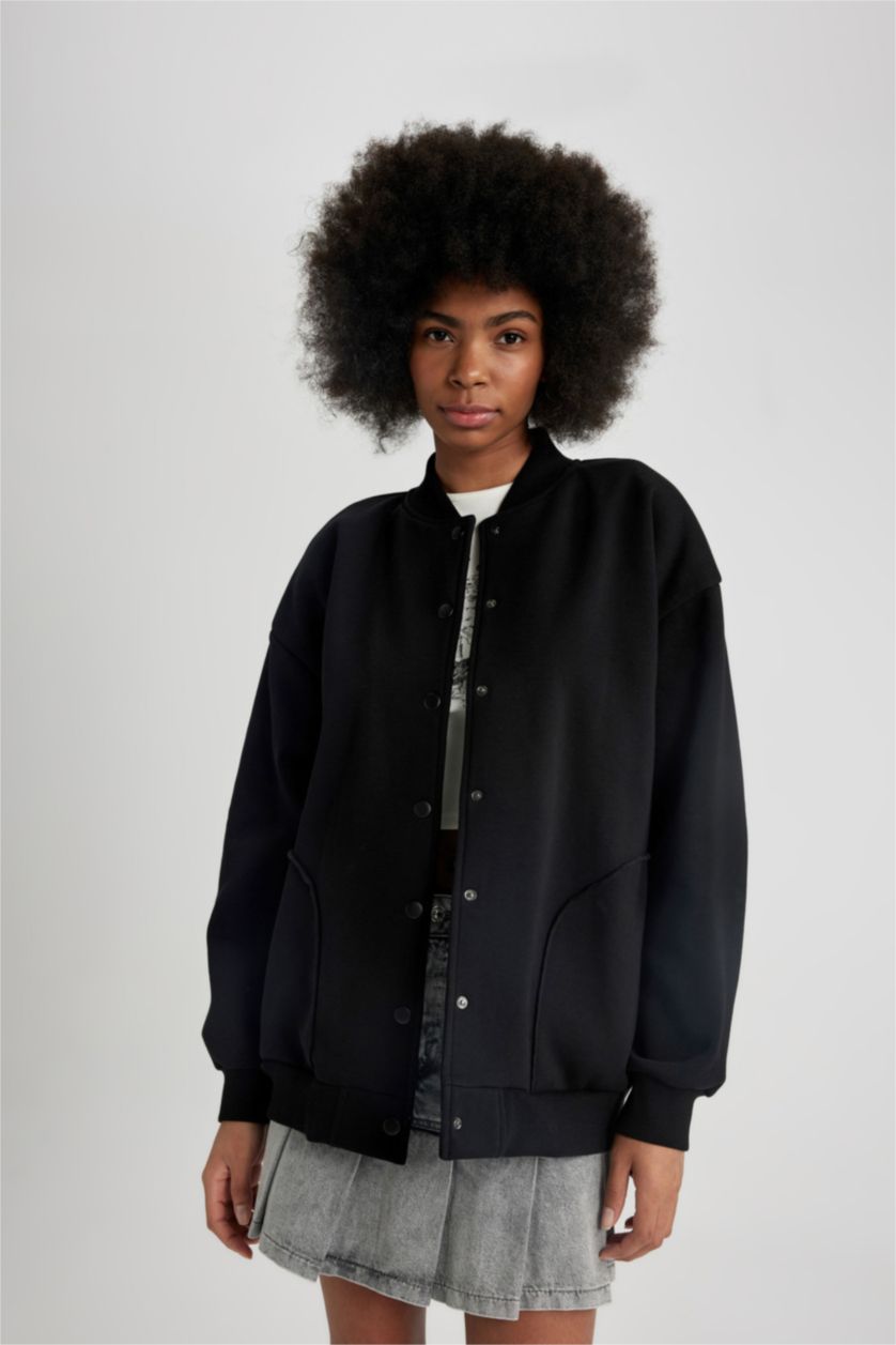 WOMAN Black College Collar Basic Thick Bomber Jacket