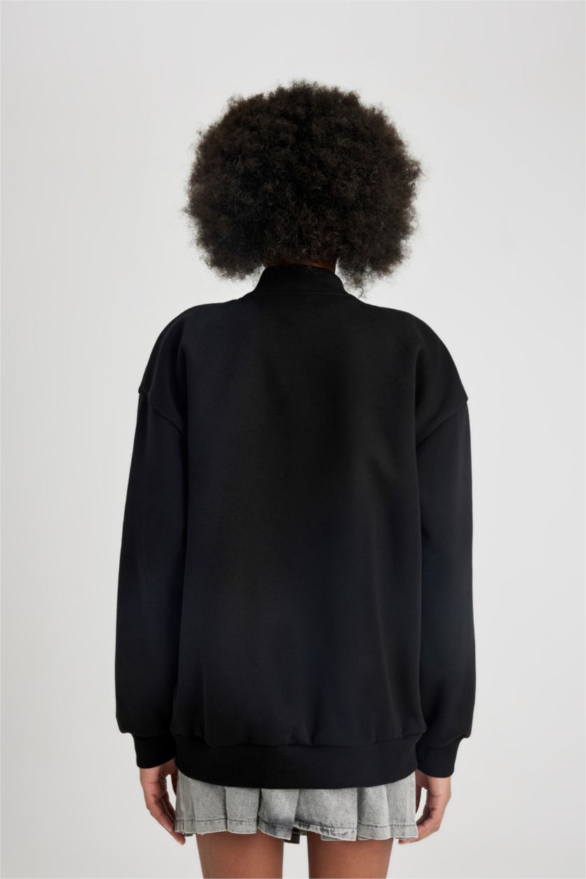 WOMAN Black College Collar Basic Thick Bomber Jacket