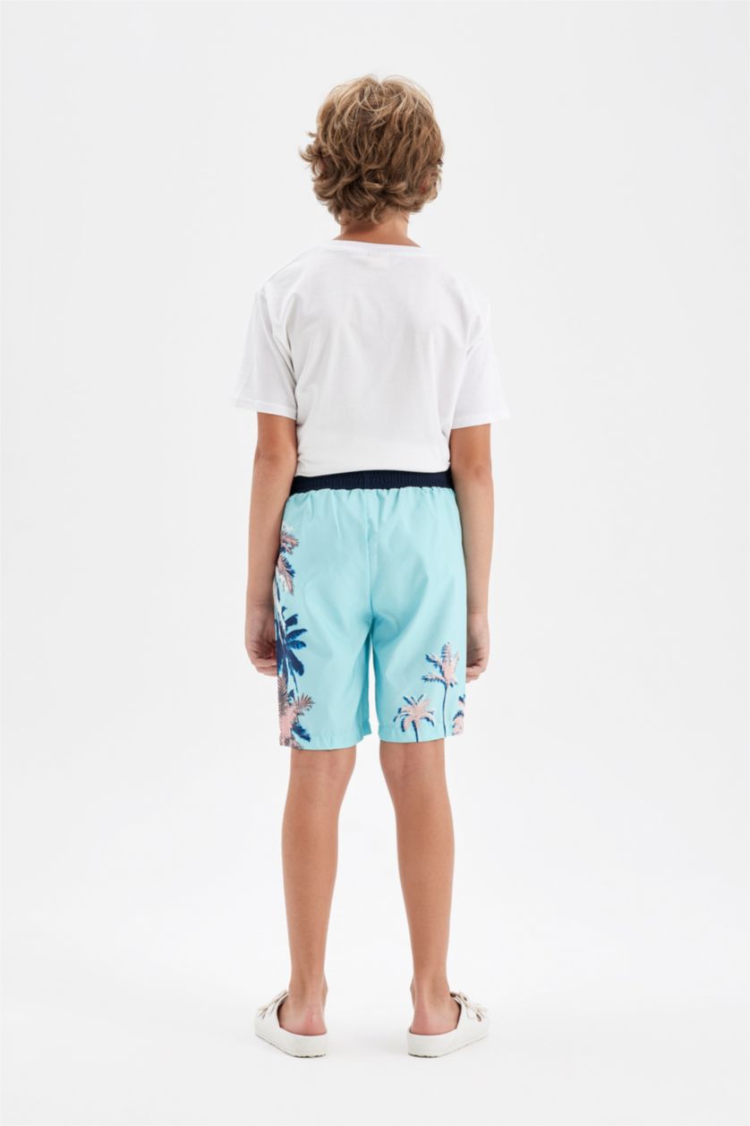 Erkek Çocuk - Genç Erkek Açık Deniz Mavisi Palmiye Desenli Deniz Şortu Erkek Çocuk