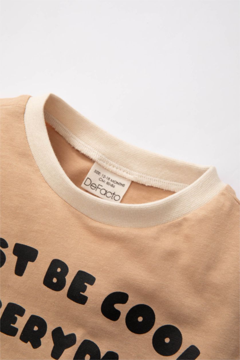 طفل صغير فيزوني داكن تيشيرت بيبي اولادي كم طويل بطبعة شعار قصة عادية بياقة مستديرة - قطعتين