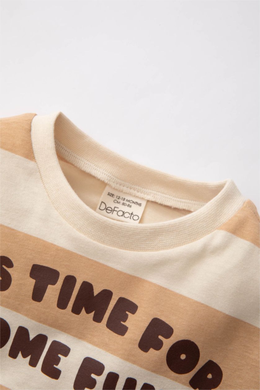 طفل صغير فيزوني داكن تيشيرت بيبي اولادي كم طويل بطبعة شعار قصة عادية بياقة مستديرة - قطعتين