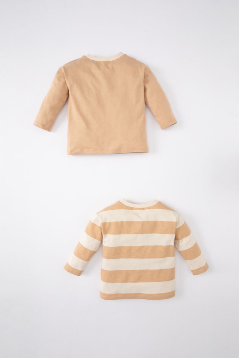 طفل صغير فيزوني داكن تيشيرت بيبي اولادي كم طويل بطبعة شعار قصة عادية بياقة مستديرة - قطعتين