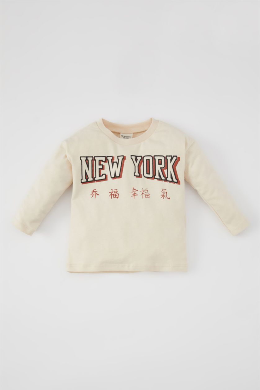 BABY BOY Beige Baby Boy Crew Neck Printed Long Sleeve T-Shirt