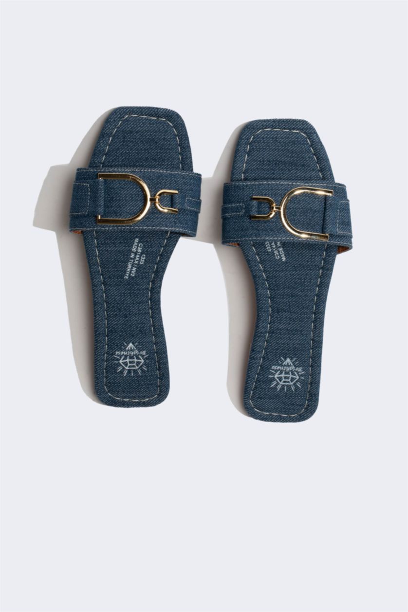 Woman NAVY Woman Flat Sole Single Strap Faux Leather Slippers