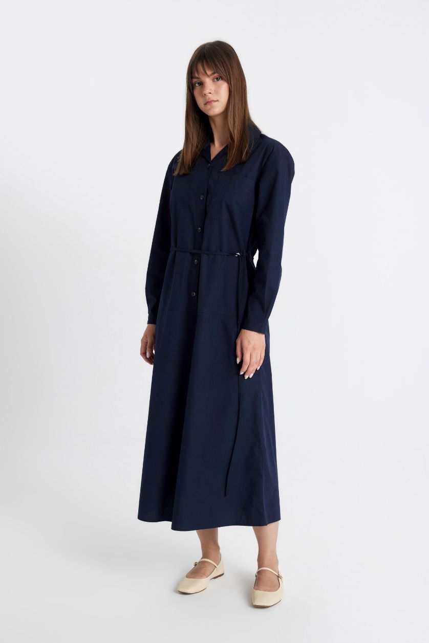 FEMME Marin Robe Tissée à Manches Longues en Popeline à boutonse et ceinturée