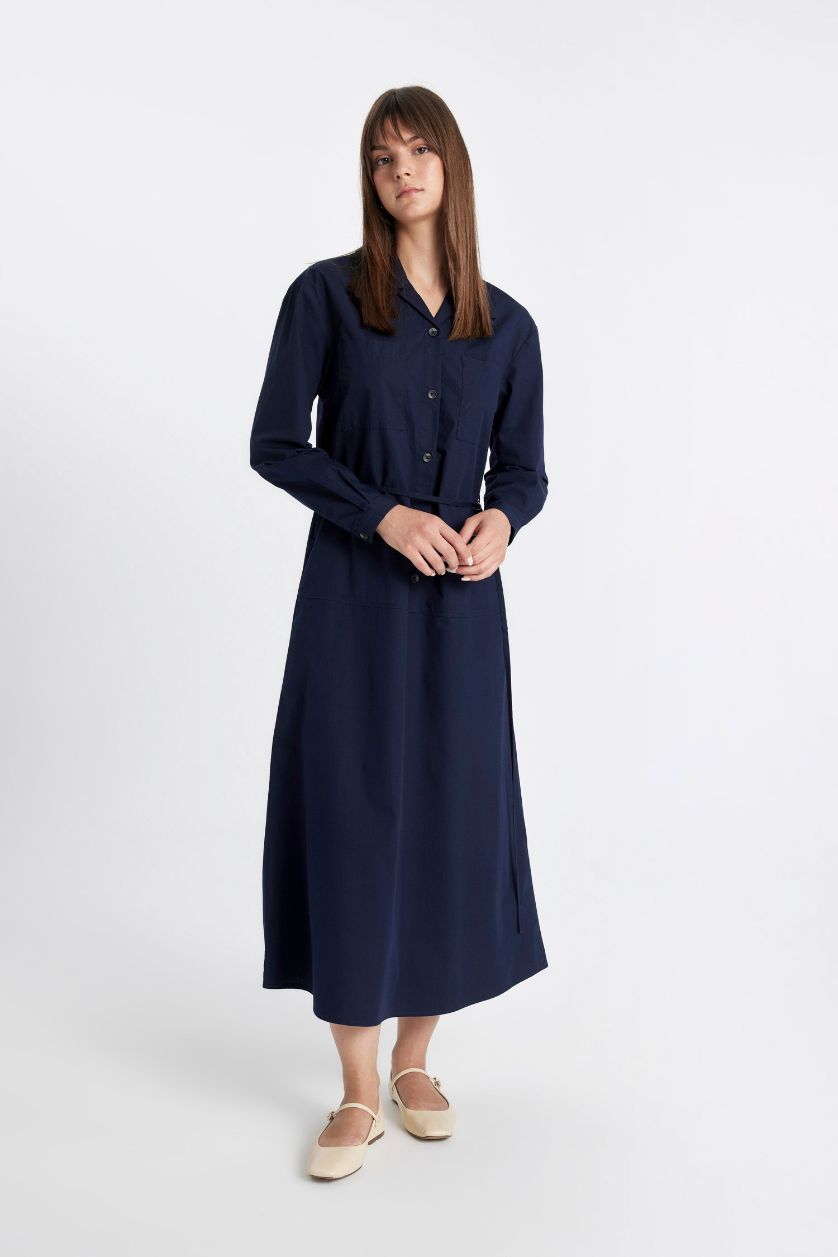 FEMME Marin Robe Tissée à Manches Longues en Popeline à boutonse et ceinturée