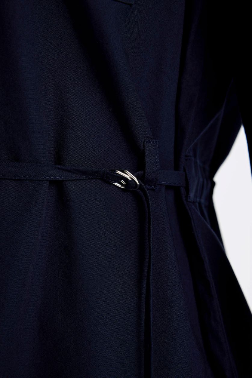 FEMME Marin Robe Tissée à Manches Longues en Popeline à boutonse et ceinturée