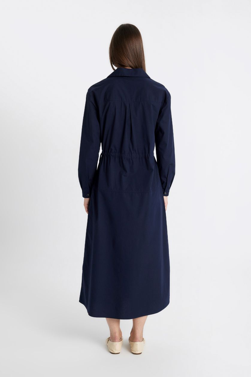 FEMME Marin Robe Tissée à Manches Longues en Popeline à boutonse et ceinturée