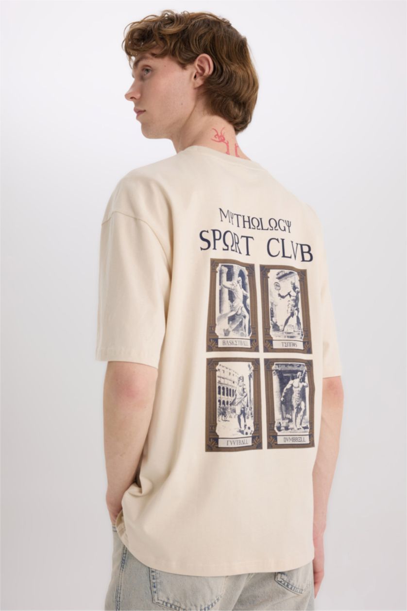 Erkek Taş %100 Pamuk Oversize Geniş Kalıp Bisiklet Yaka Sırt Baskılı Kısa Kollu Tişört