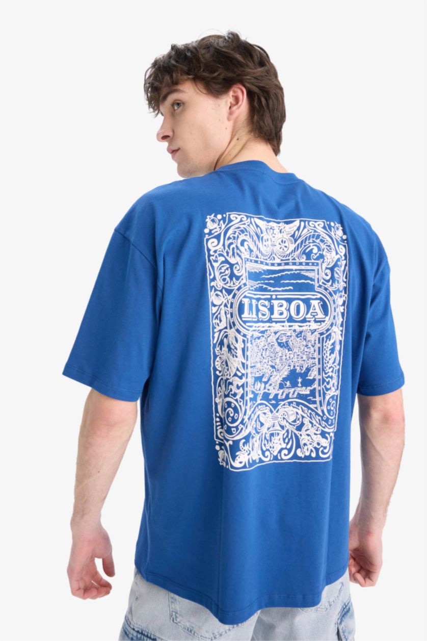 Erkek Royal Oversize Geniş Kalıp Bisiklet Yaka Sırt Baskılı Kısa Kollu Tişört