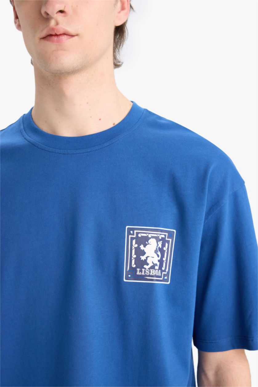 Erkek Royal Oversize Geniş Kalıp Bisiklet Yaka Sırt Baskılı Kısa Kollu Tişört