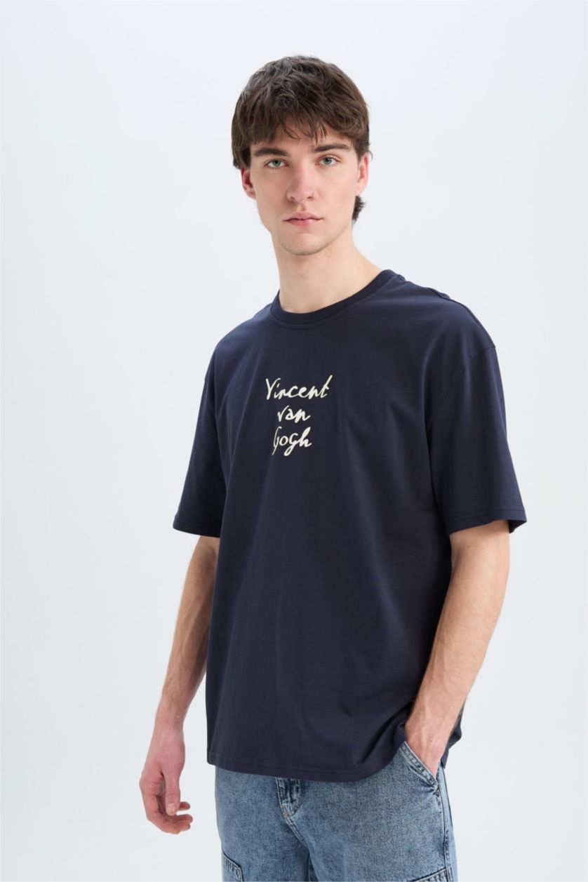 Erkek Lacivert %100 Pamuk Van Gogh Oversize Geniş Kalıp Bisiklet Yaka Sırt Baskılı Kısa Kollu Tişört