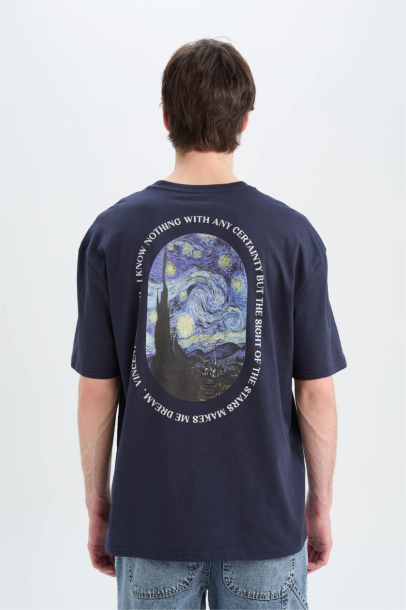 Erkek Lacivert %100 Pamuk Van Gogh Oversize Geniş Kalıp Bisiklet Yaka Sırt Baskılı Kısa Kollu Tişört