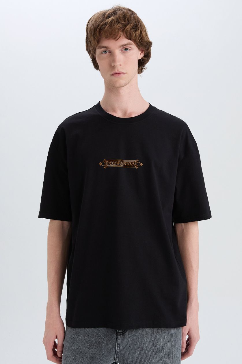 Erkek Siyah %100 Pamuk Oversize Geniş Kalıp Bisiklet Yaka Sırt Baskılı Kısa Kollu Tişört