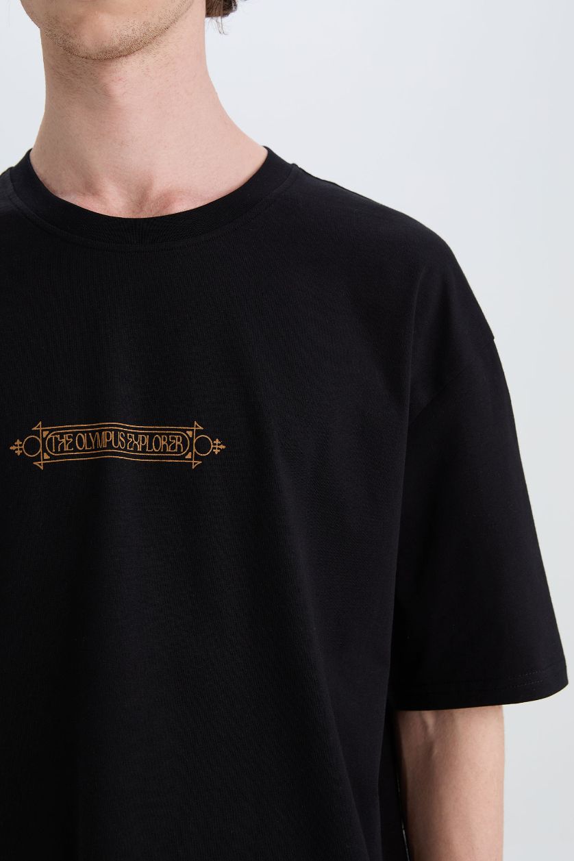 Erkek Siyah %100 Pamuk Oversize Geniş Kalıp Bisiklet Yaka Sırt Baskılı Kısa Kollu Tişört