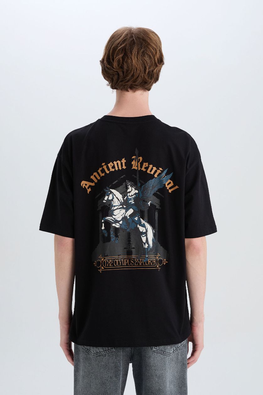 Erkek Siyah %100 Pamuk Oversize Geniş Kalıp Bisiklet Yaka Sırt Baskılı Kısa Kollu Tişört