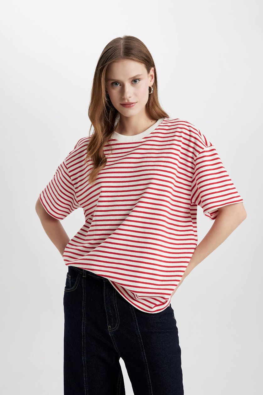 FEMME Rouge T-Shirt Oversize Rayé Manches Courtes à Col Rond