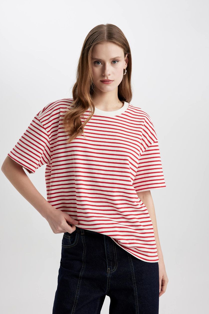 FEMME Rouge T-Shirt Oversize Rayé Manches Courtes à Col Rond