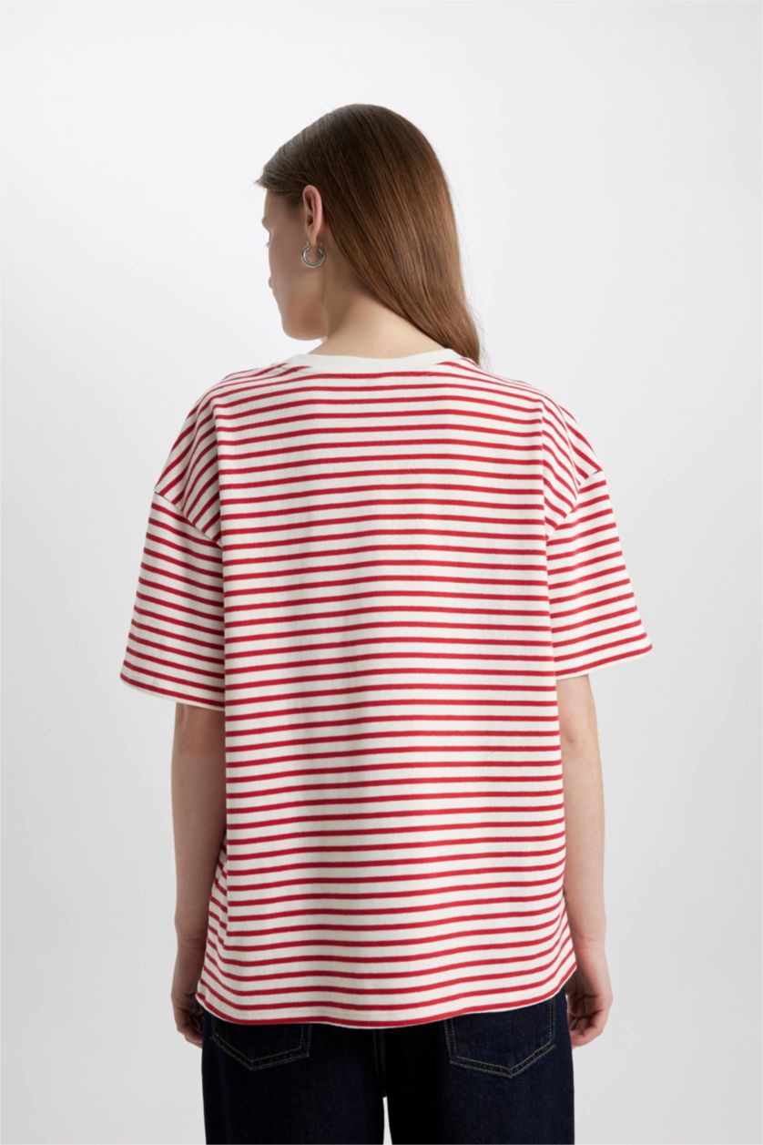 FEMME Rouge T-Shirt Oversize Rayé Manches Courtes à Col Rond
