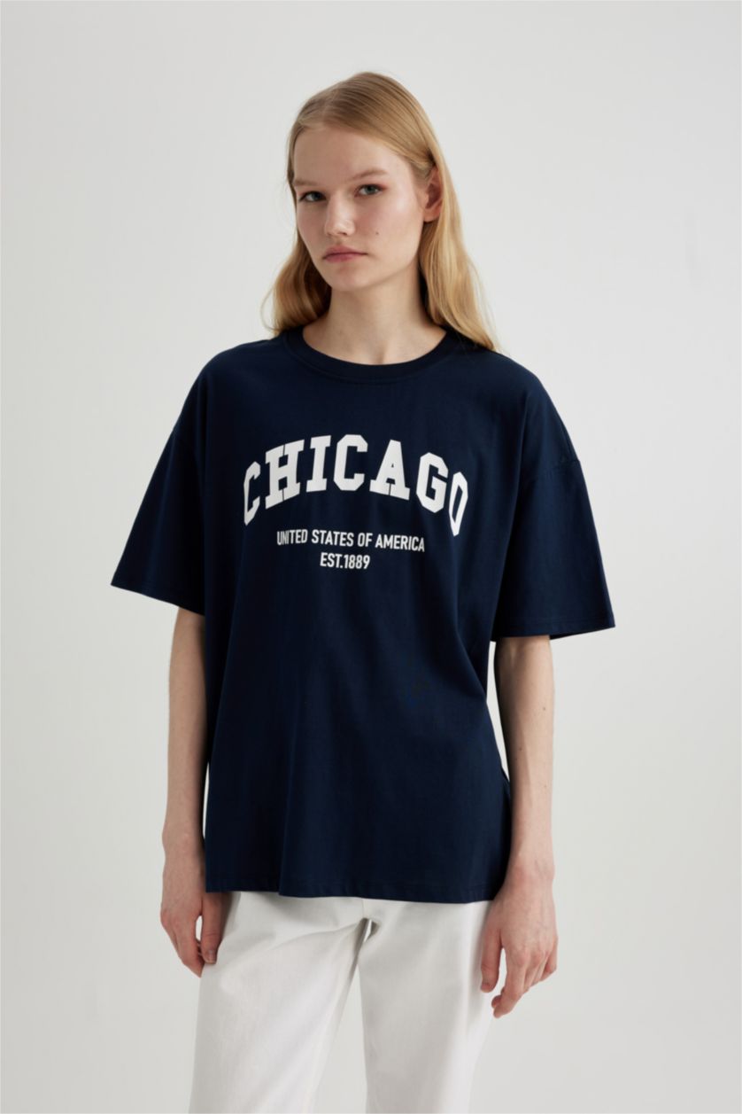 Женщины Синий Футболка оверсайз с круглым вырезом и принтом