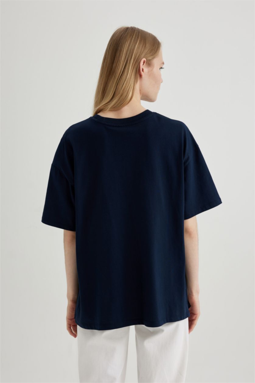 Женщины Синий Футболка оверсайз с круглым вырезом и принтом