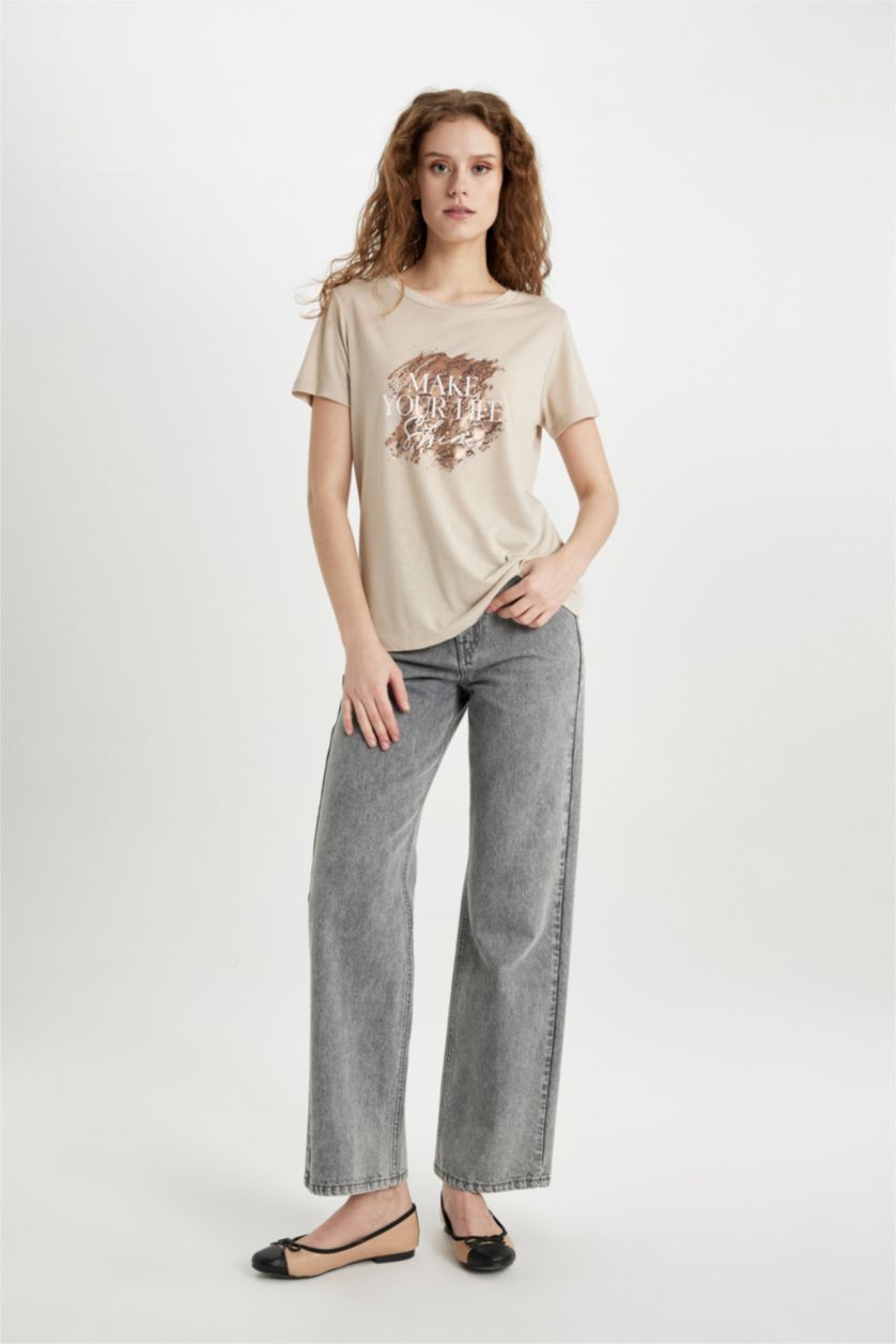 FEMME Beige T-Shirt imprimé Coupe Régulière Col Ras Du Cou