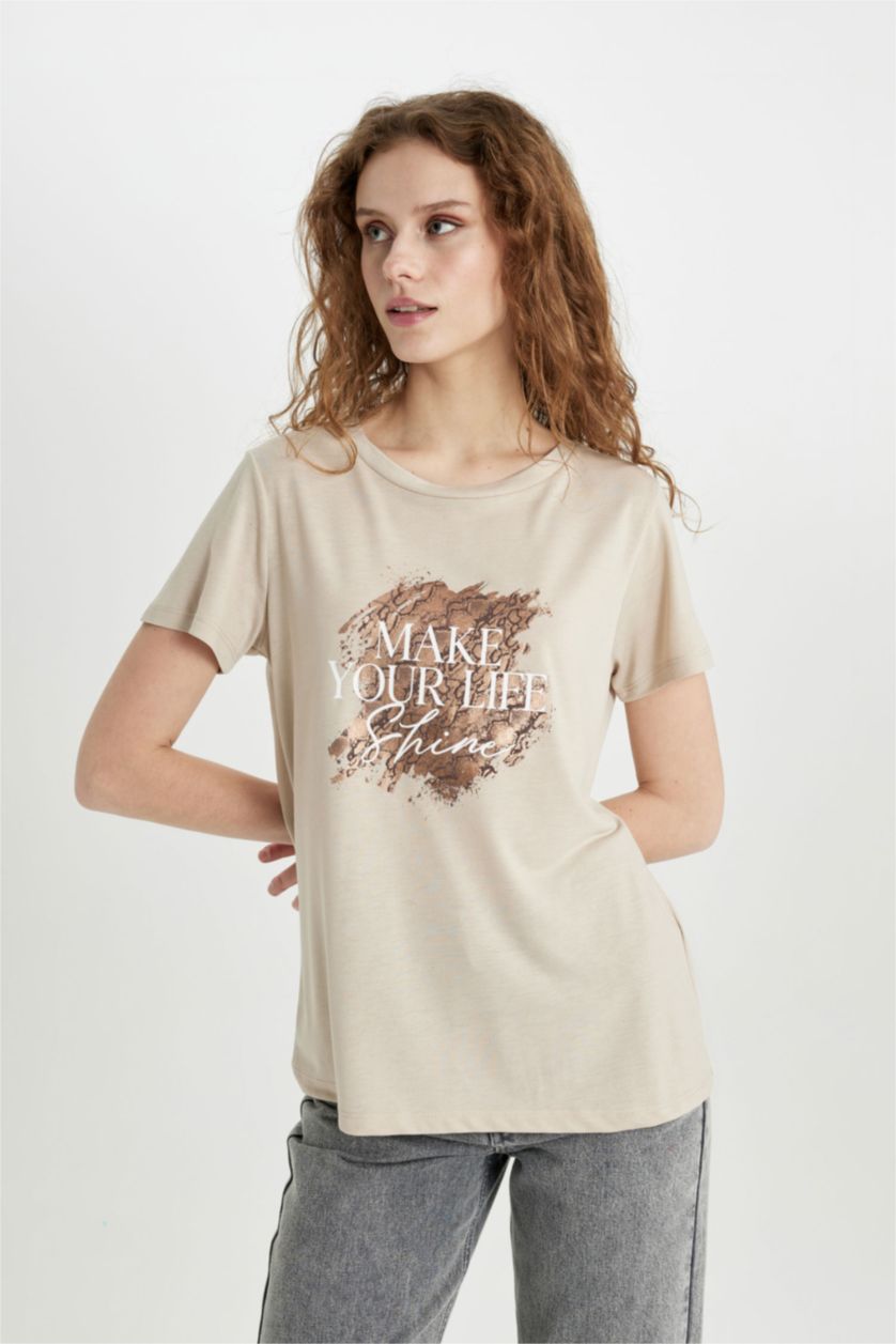 FEMME Beige T-Shirt imprimé Coupe Régulière Col Ras Du Cou