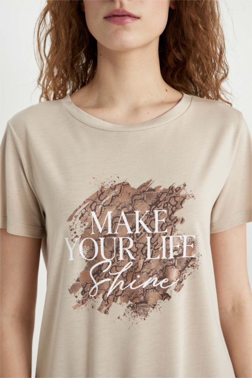 FEMME Beige T-Shirt imprimé Coupe Régulière Col Ras Du Cou