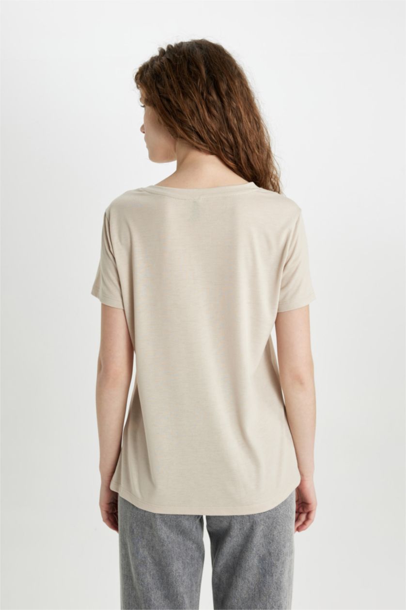 FEMME Beige T-Shirt imprimé Coupe Régulière Col Ras Du Cou